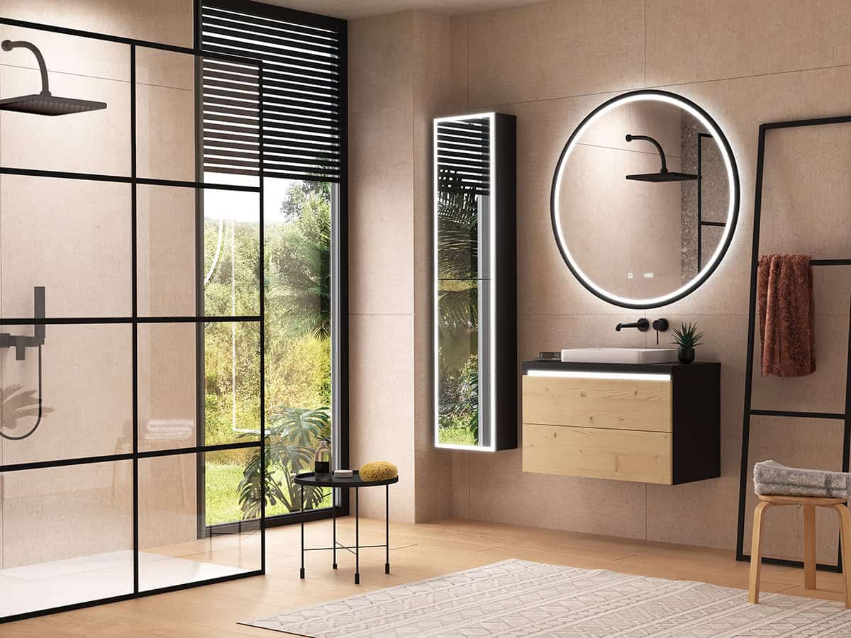 Modernes Badezimmer mit rundem Spiegel