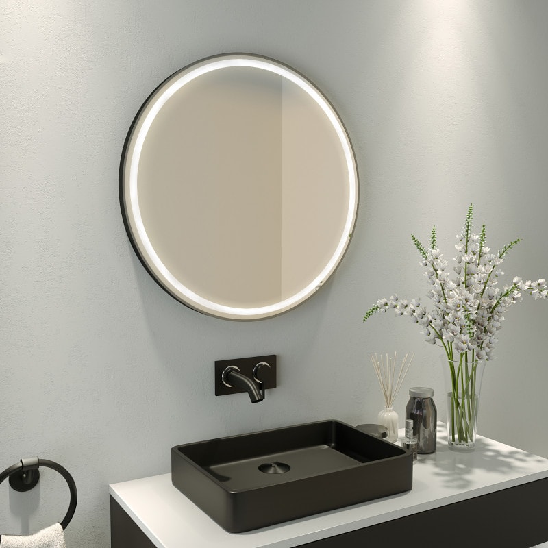 Ovaler Spiegel, Schwarzer Rahmen rund - ALU mit LED